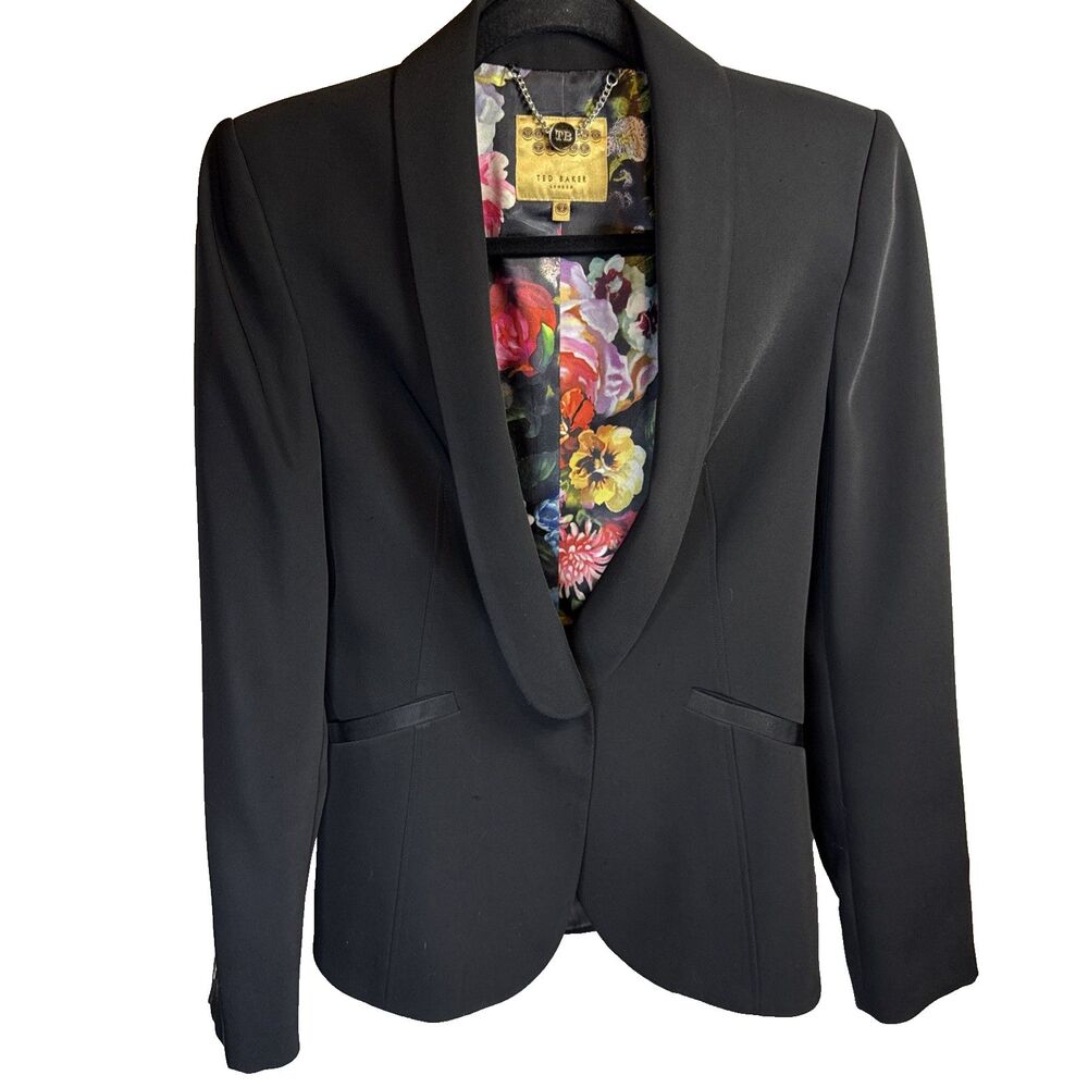 Ted Baker London Black Stretch Blazer Floral Lined Women's Size 2 US 6